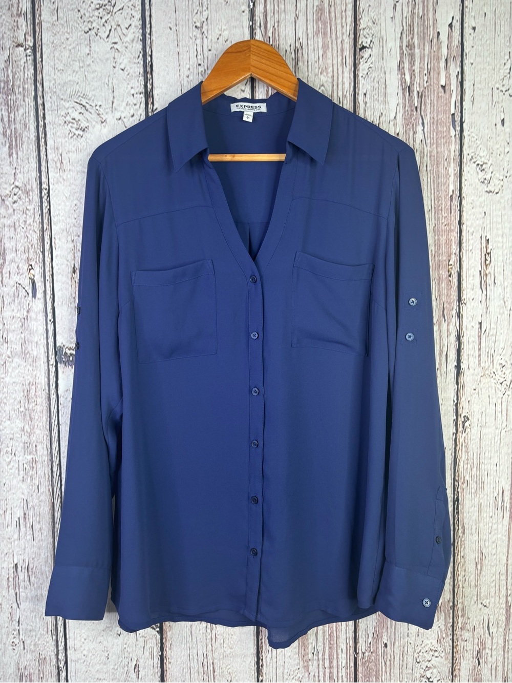 Express Portofino Shirt Size Large Navy Blue Button Down Roll Tab Sleeves Blouse